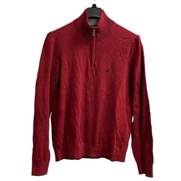Nautica Sweater Mens M 1/4 Zip Burgundy Pullover Mock Neck Classic Preppy Casual - Picture 1 of 8